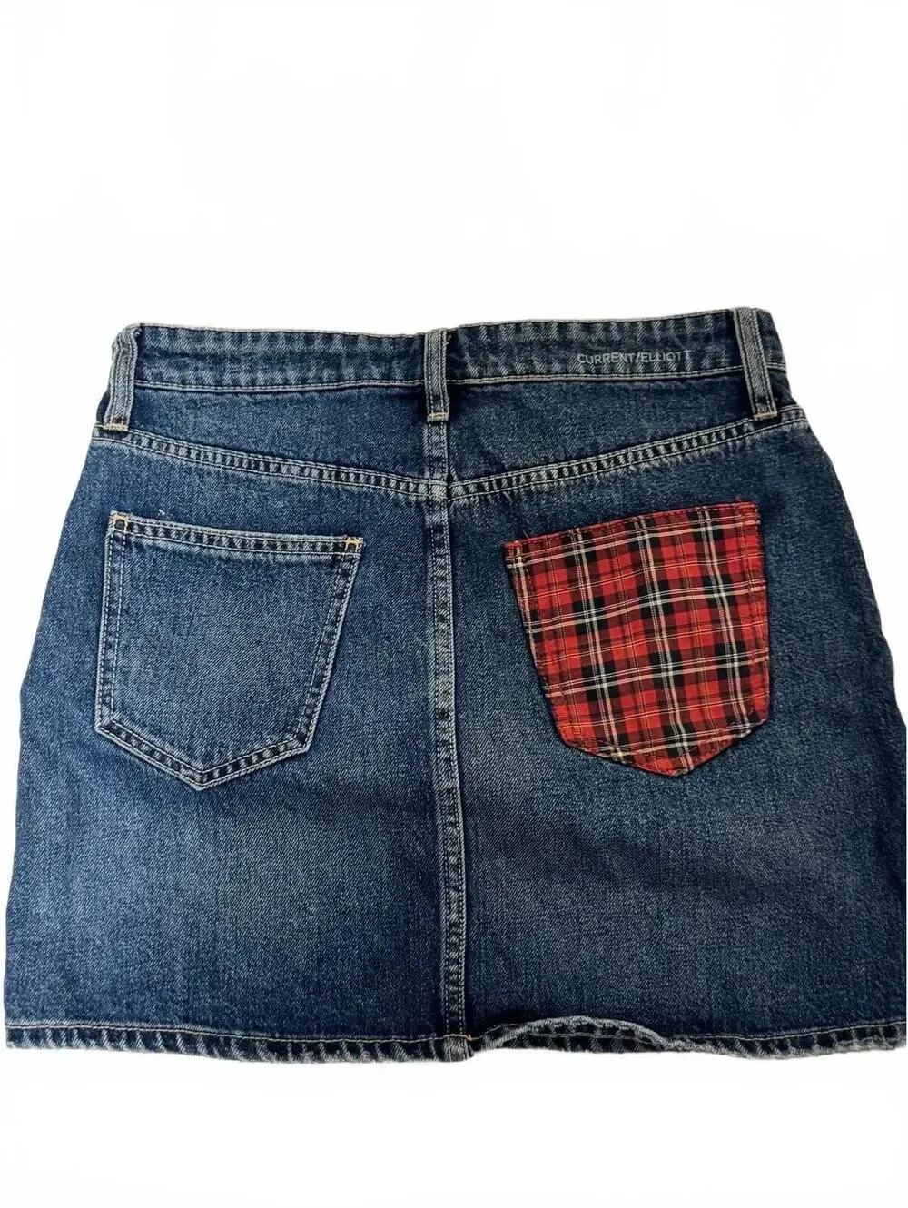 Current/Elliott Denim Mini Skirt Plaid Patch Distressed Size 27